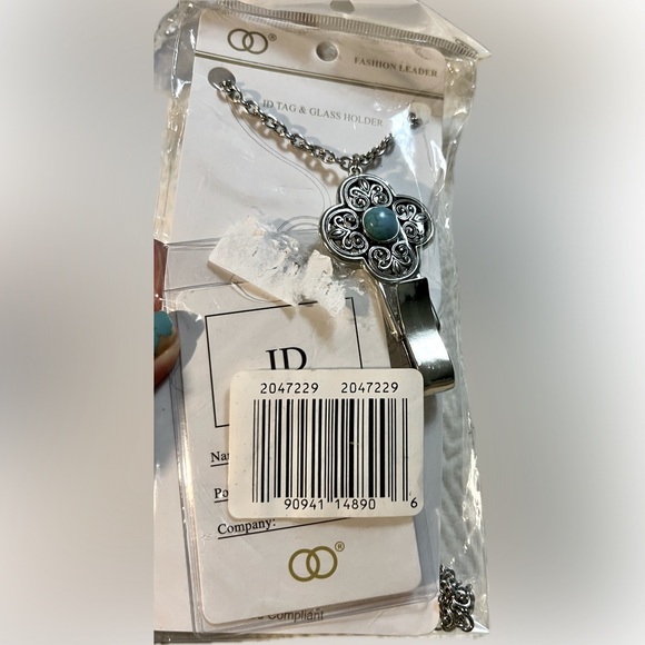 ID Tag Glasses Holder NWT Silver Tone Mosaic Turquoise 30” Chain Boho - Picture 4 of 10